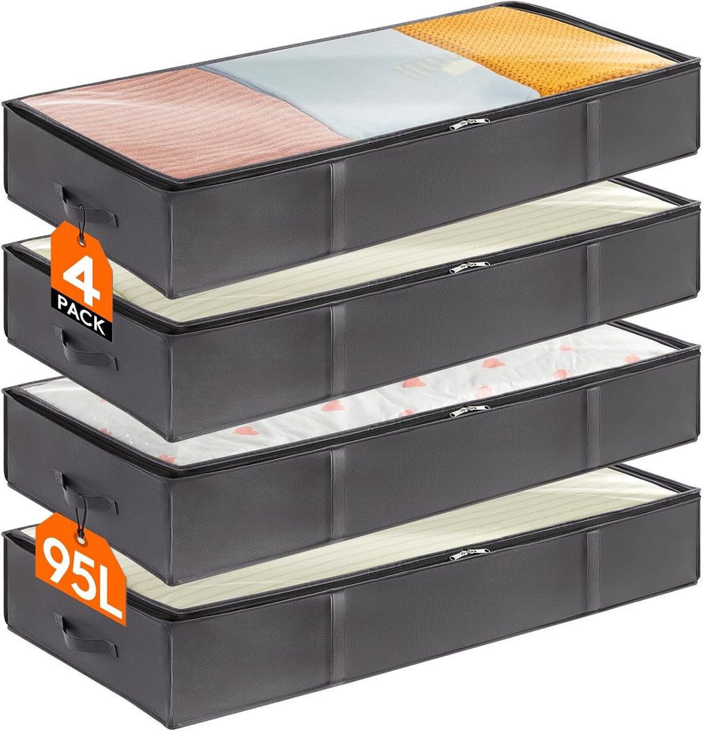 95L 4 Pack Under Bed Storage Containers, Large Capacity Blanket Storage Bags with Reinforced Handle, Organization and