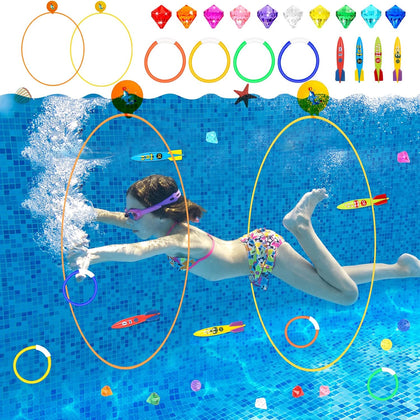 23PCS Pool Toys Games for Kids, No Assembly Stability Swim Thru Rings, Pool Diving Toys for 3,4,5,6,7,8,9,10,11,12