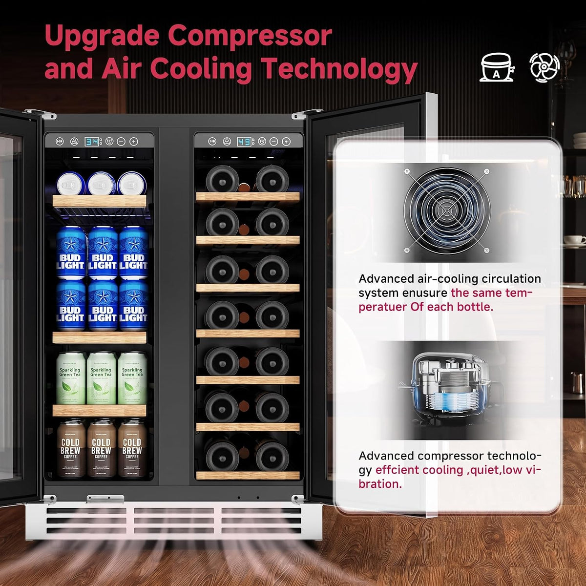 24" Wine and Beverage Refrigerator, 88 Cans &21 Bottles Dual Zone