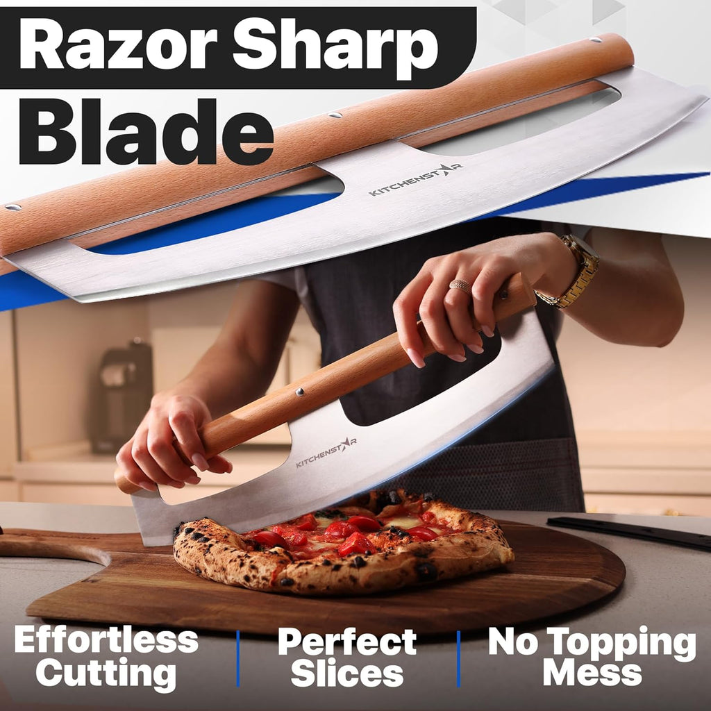 14-Inch Pizza Cutter Rocker Blade - Razor Sharp Stainless Steel Slicer Knife, Stylish Beech Wood Handle, Protective