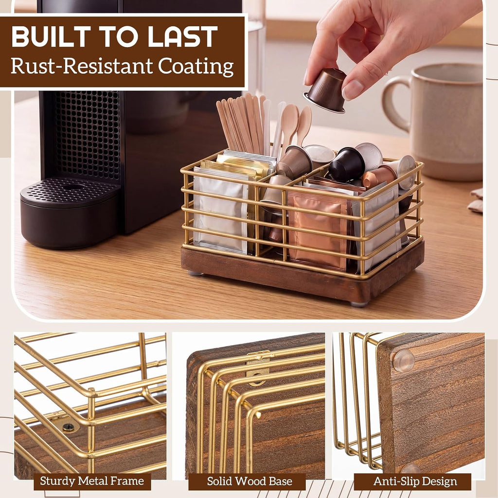 Sugar Packet Holder for Coffee Bar, 3 Slot, Wood Wire, Rustic Gold