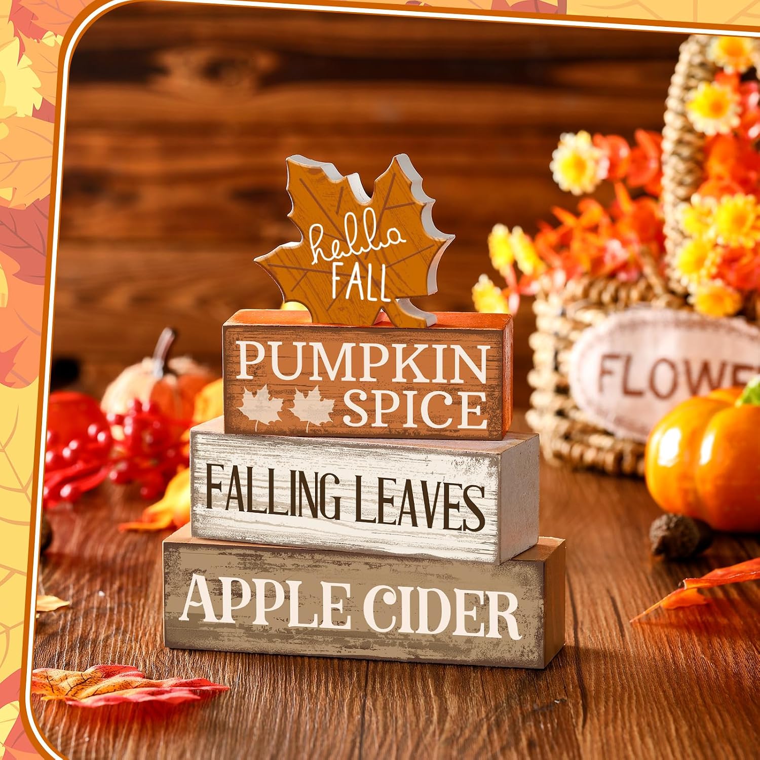 4 Pcs Fall Decor Wooden Maple Leaf Decoration Thanksgiving Tiered Tray Decor Rustic Wooden Maple Leaf Block Sign