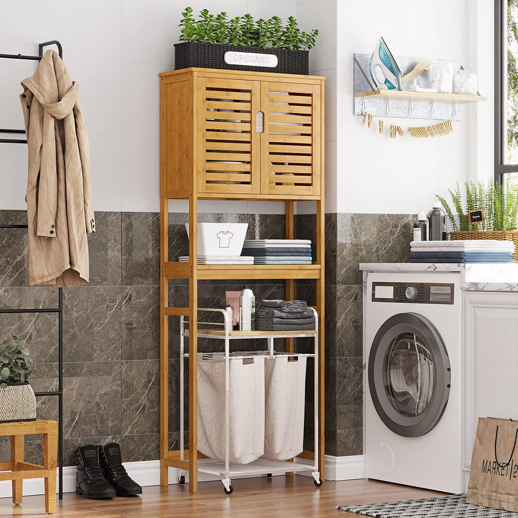 Over The Toilet Storage Cabinet, Tall Bathroom Cabinet Organizer with Cupboard and Adjustable Shelves, Freestanding