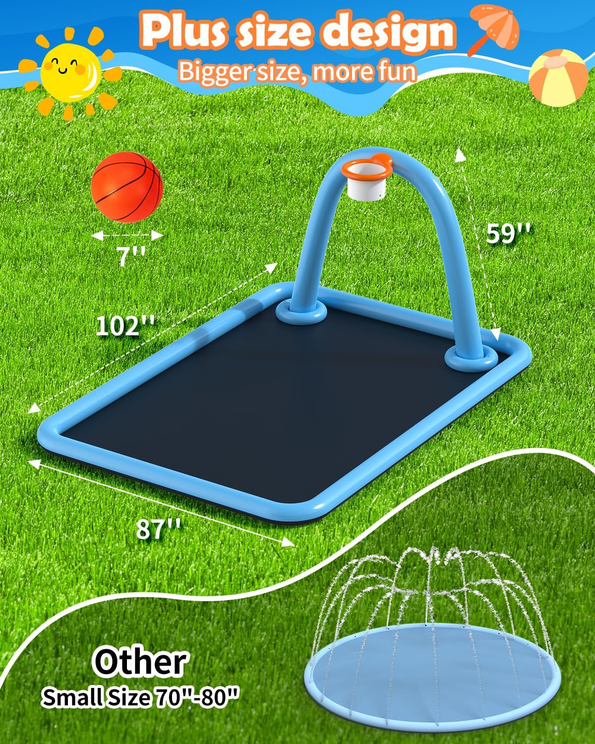 Splash Pad for Kids & Dogs, Large Sprinkler Pad Water Toys with Basketball Hoop, Thickened Non-Slip Splash Mat