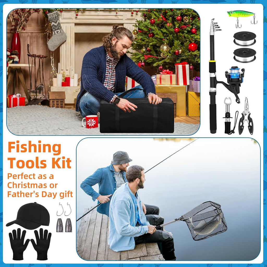 Telescopic Fishing Rod and Reel Combo 2 Pcs Collapsible Fishing Pole Kit with Plier Lip Gripper Lures Carrier Bag