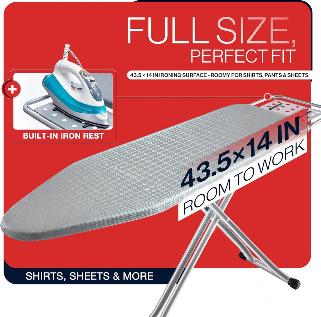 Full Size Ironing Board, Sturdy Frame, Heat Resistant Cover, Iron Rest | Stable Steel Construction, Wide Ironing