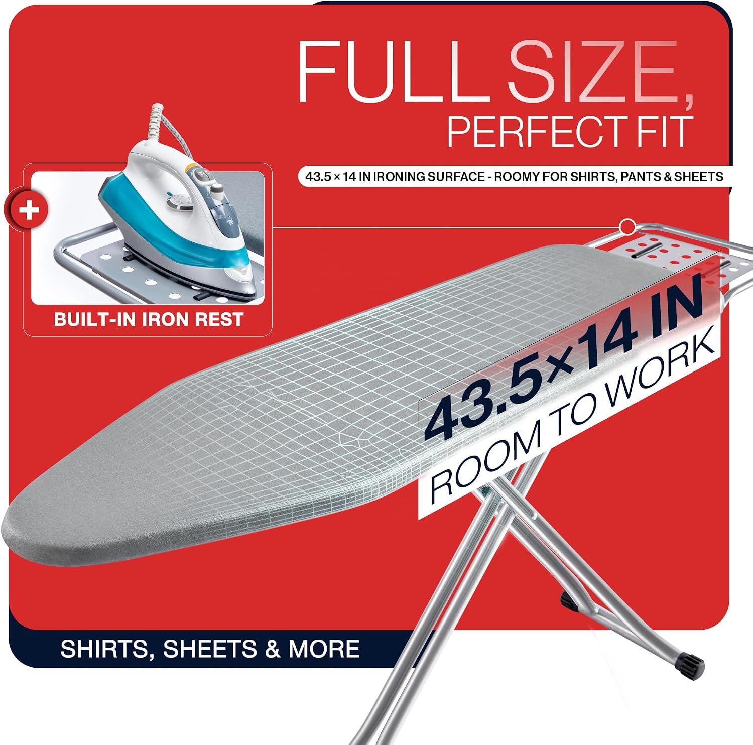 Full Size Ironing Board, Sturdy Frame, Heat Resistant Cover, Iron Rest | Stable Steel Construction, Wide Ironing