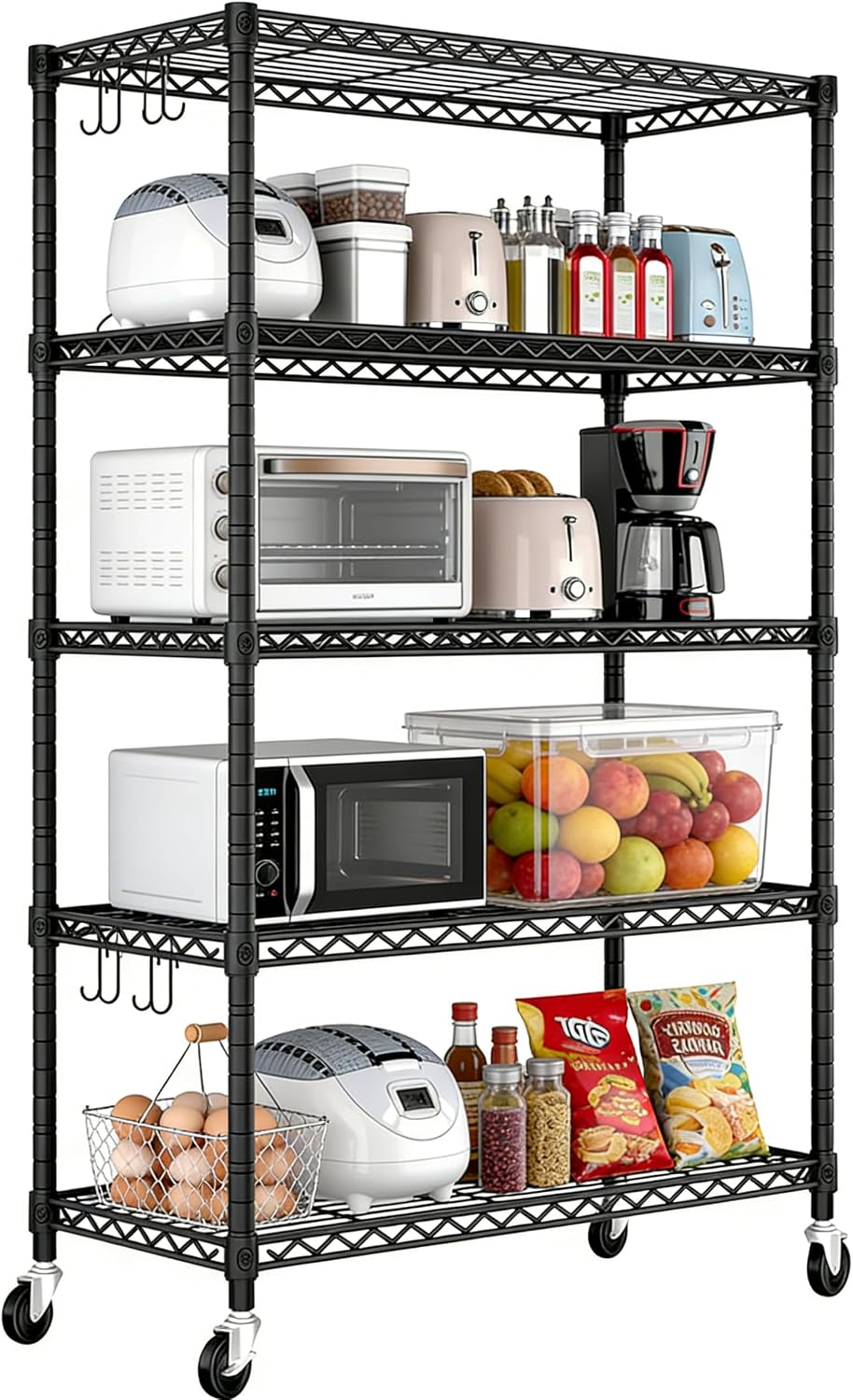 Storage Shelves, 5 Tier Heavy Duty Metal Shelving Unit with Wheels, 2000 LBS Adjustable Steel Wire Shelf for