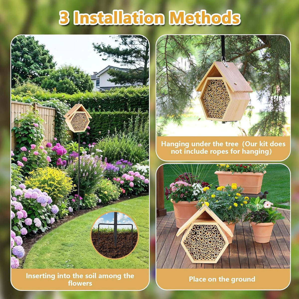 Mason Bee House for Garden,Natural Wooden Bee Hive with Metal Ground Stake