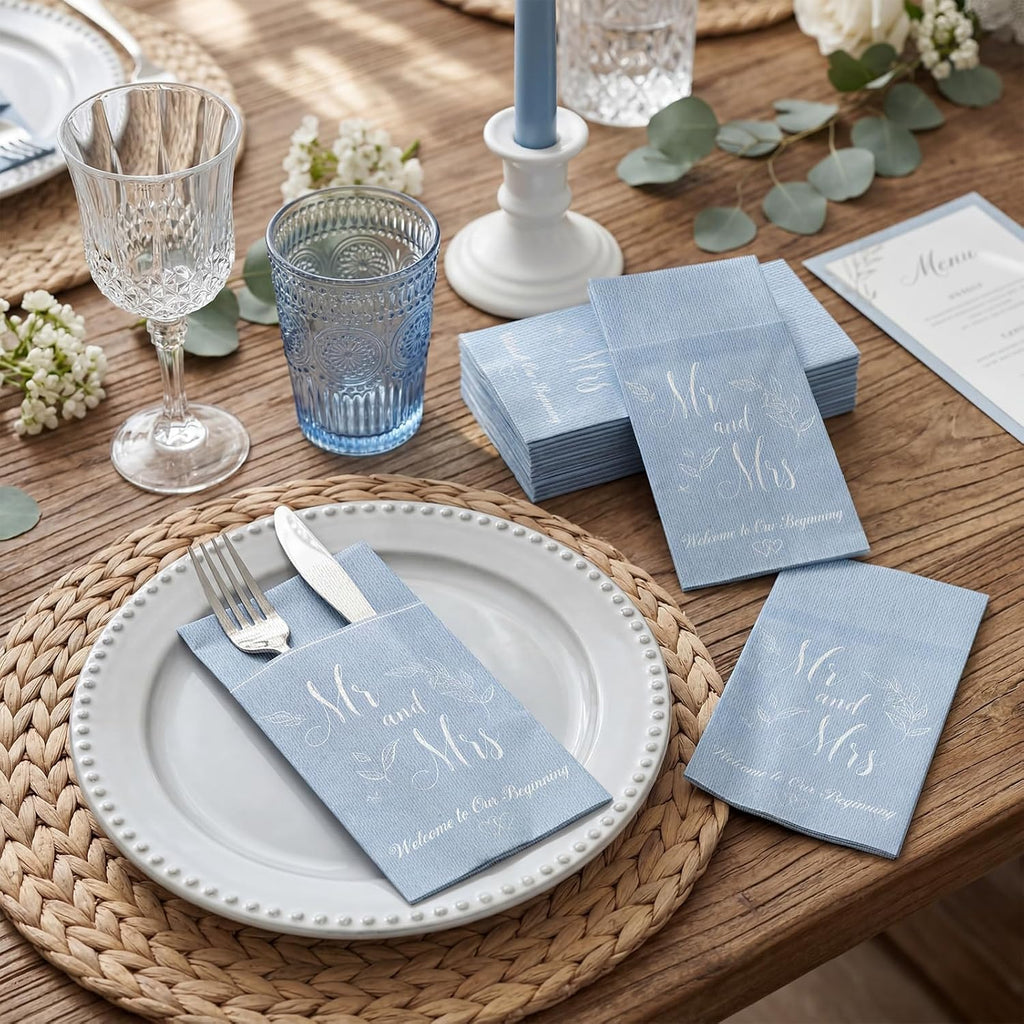 100 Pcs Linen Feel Napkins Disposable, Blue Mr and Mrs