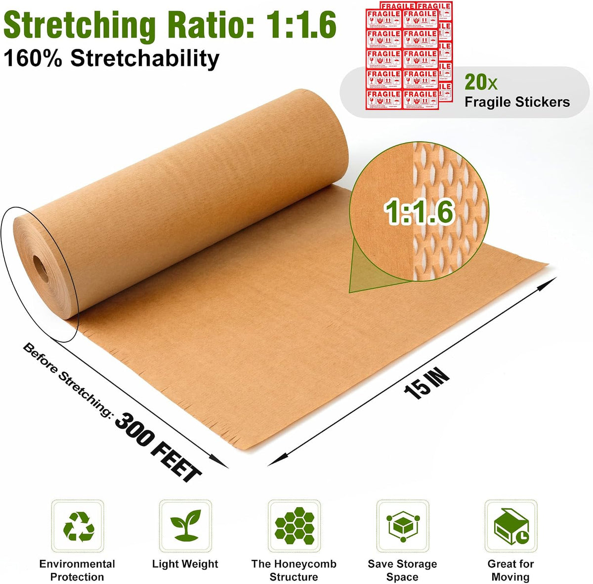 Honeycomb Packing Paper 15" Width X 300 FT for Moving Glass Dishes Recyclable Wrapping Paper Bubble Wrap Packing