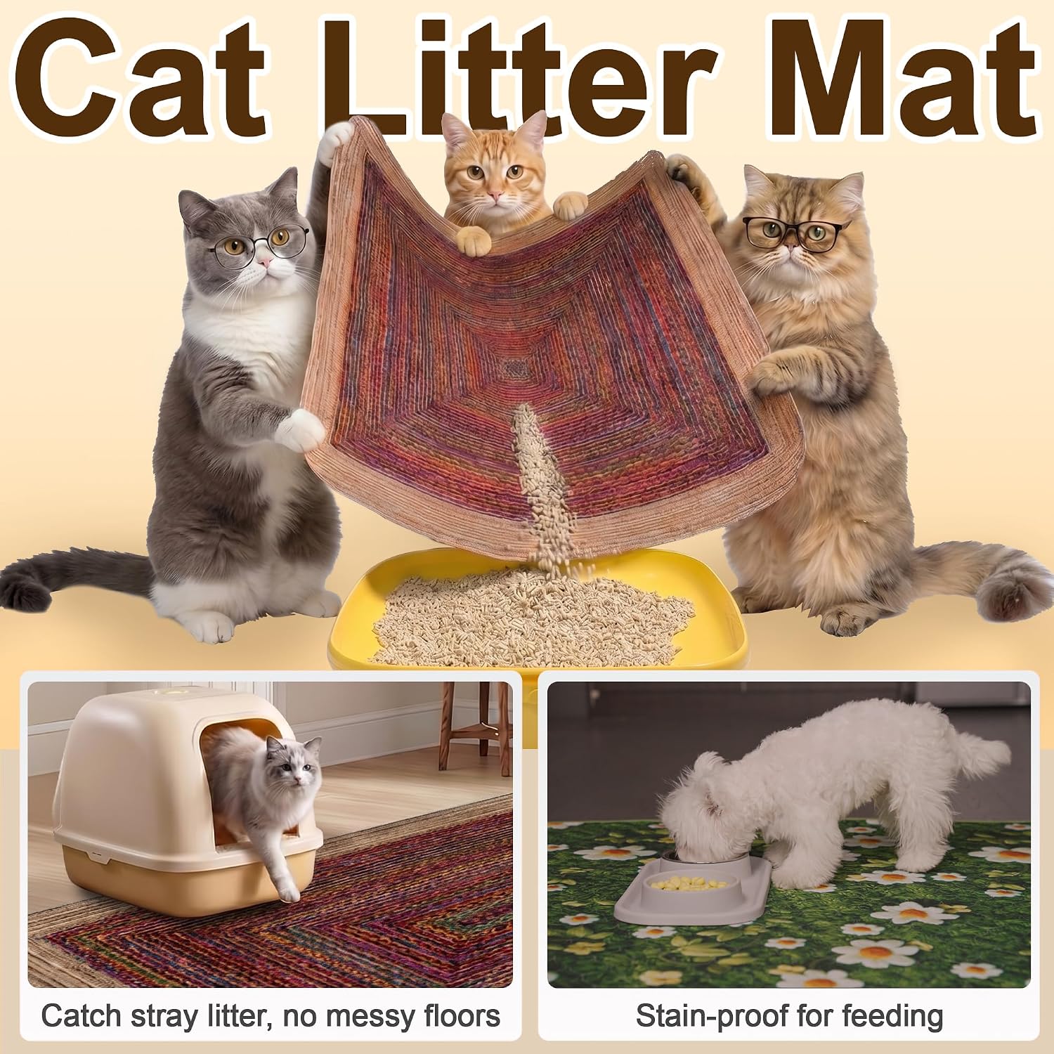Cat Litter Mat 2 Pack, 24"x36" Litter Trapping Mats for Litter Box, Non-Slip, Super Absorbent & Urine Proof, Machine