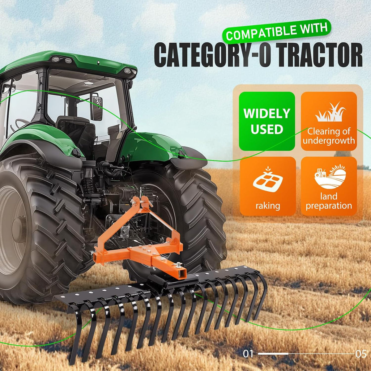50" 3 Point Landscape Rock Rake for Category-0 Cat-0 Tractor with | 360° Rotation Replaceable Spring Tines and Pin