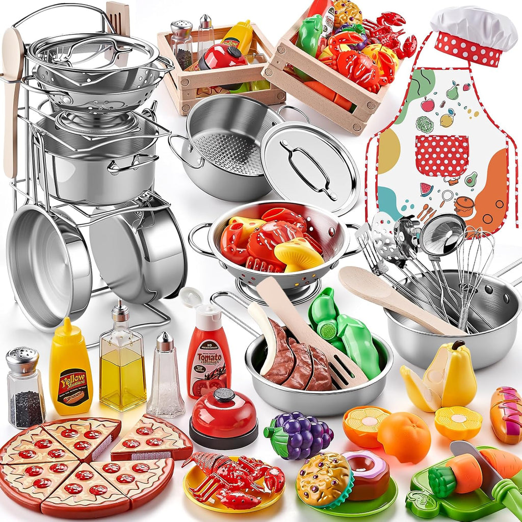 Play Kitchen Accessories, Large Stainless Steel Toddler Cooking Set, Kids Kitchen Playset with Cutting Play Food