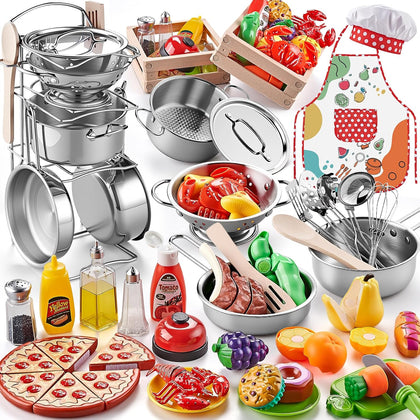 Play Kitchen Accessories, Large Stainless Steel Toddler Cooking Set, Kids Kitchen Playset with Cutting Play Food