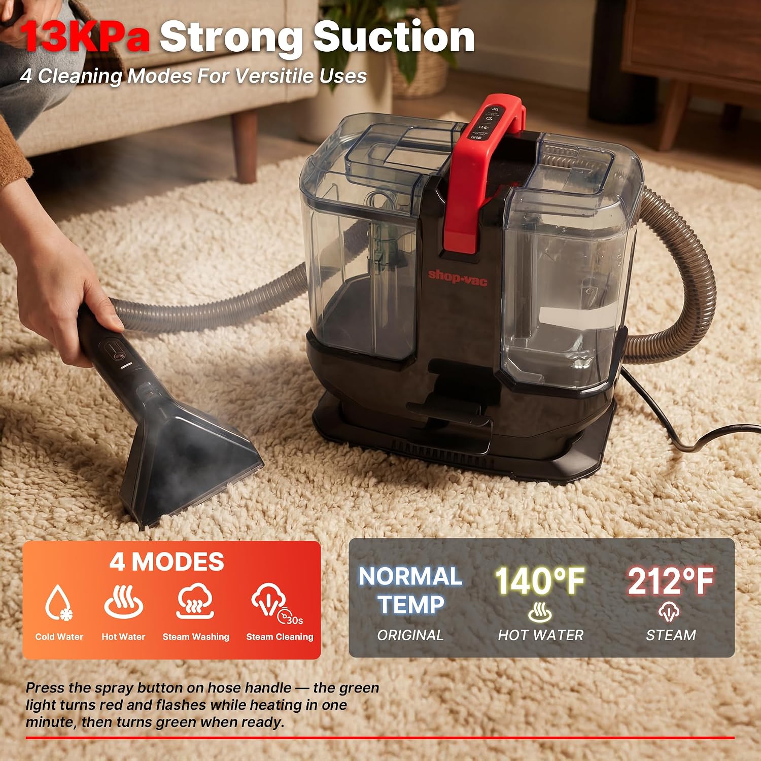 Portable Carpet Cleaner Machine with Steam & Heating, 5430270 | 4 Cleaning Modes, Versatile Attachments