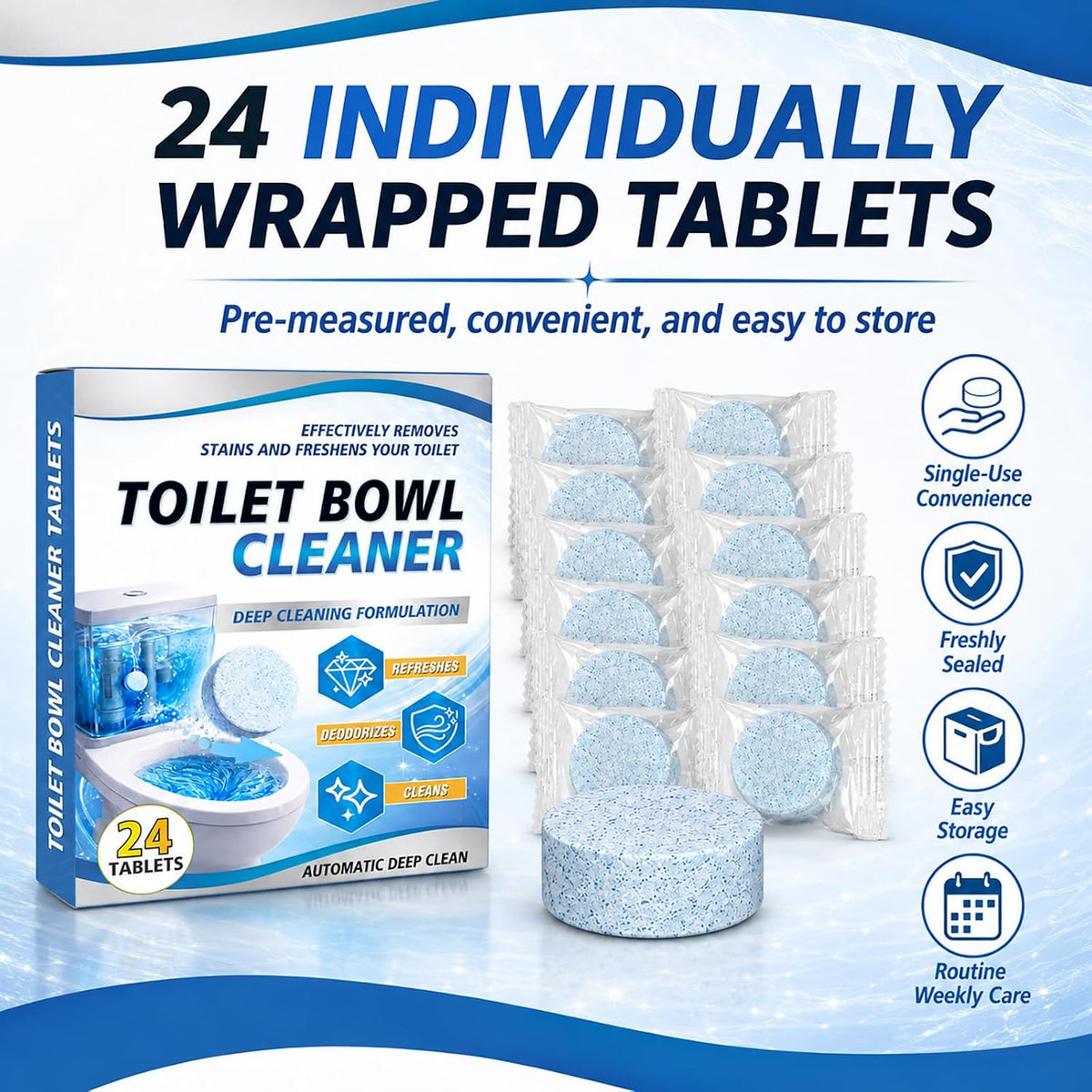 Toilet Bowl Cleaner Tablets 24 Pack, Drop-In Toilet Bowl Deodorizer Tabs, Helps Remove Stains, Limescale & Odor