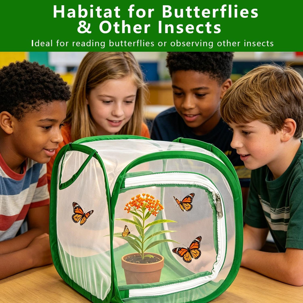 Butterfly House Habitat Insect Cage Clear See Through Pop-up Collapsible Butterfly Enclosure-Small 12"x12"x12"