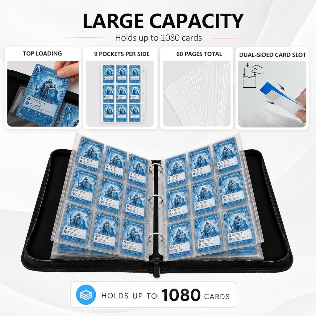 9 Pocket Zip Card Binder, Trading Card Album Holds 1080 Cards, Light Blue | Logo-free design,top-loading