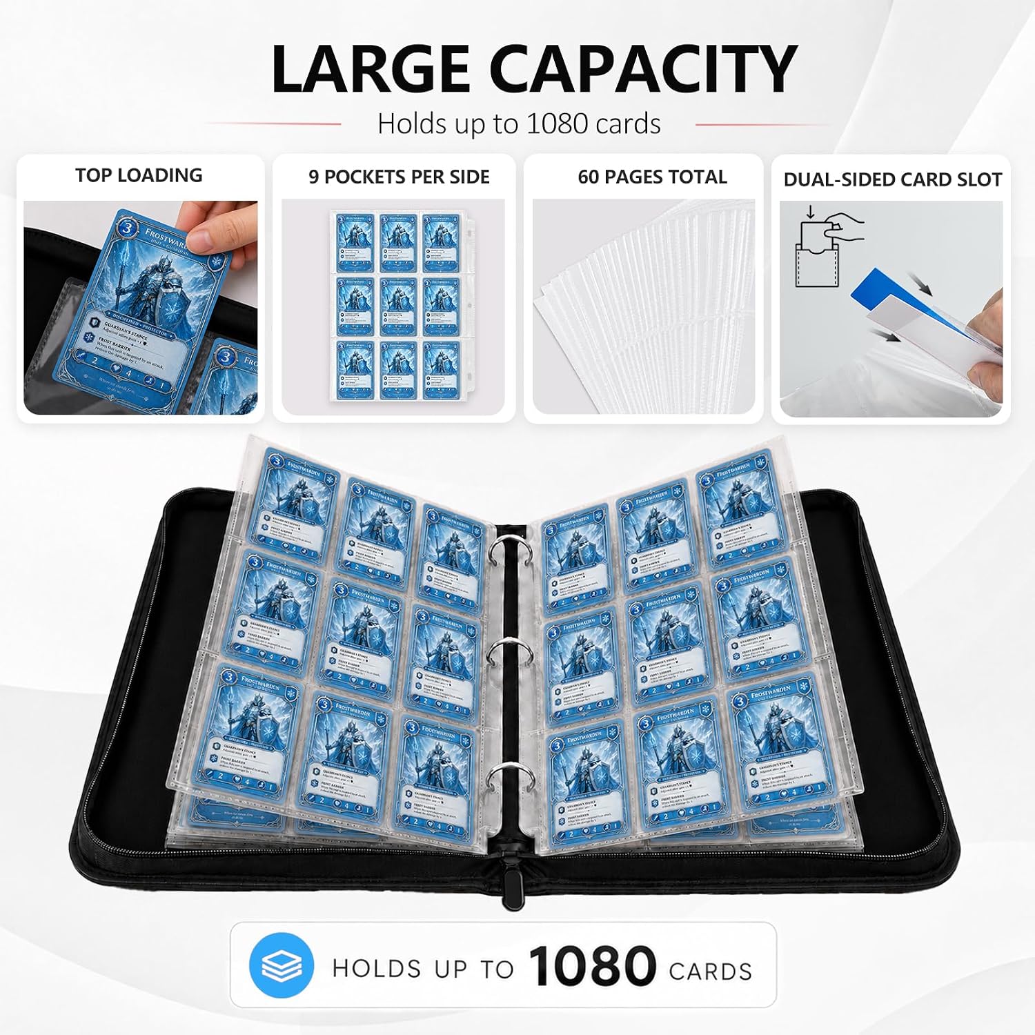 9 Pocket Zip Card Binder, Trading Card Album Holds 1080 Cards, Light Blue | Logo-free design,top-loading