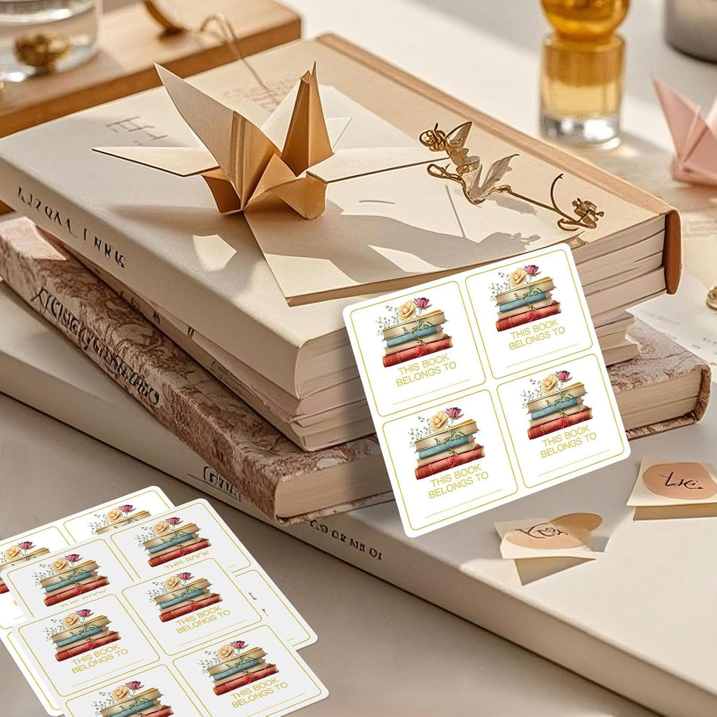 This Book Belongs to Stickers, Floral Designed Book Stamp Personalized Labels,Adhesive Name Labels Book Plates for