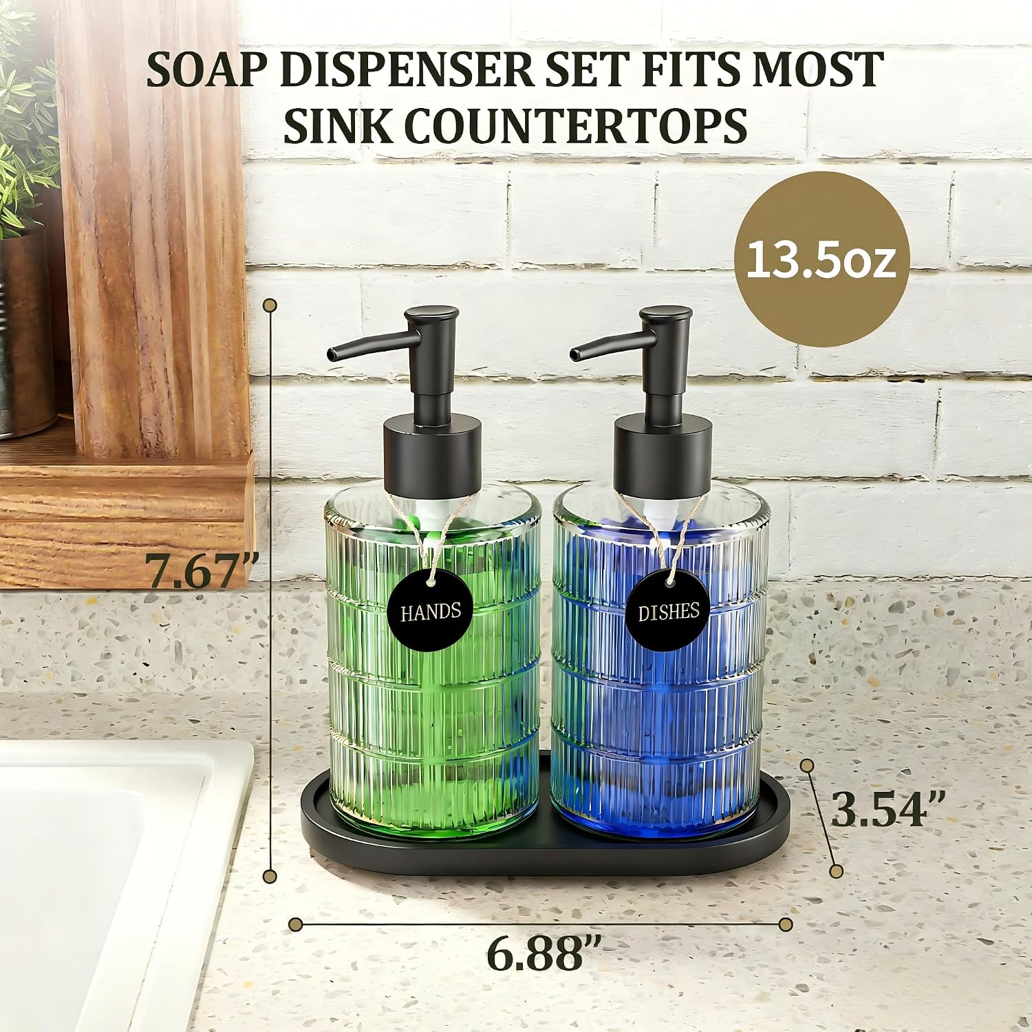 Soap Dispenser Set with Bamboo Tray, Dish and Hand Soap Lotion Dispenser Set with Wooden Pump for Kitchen and