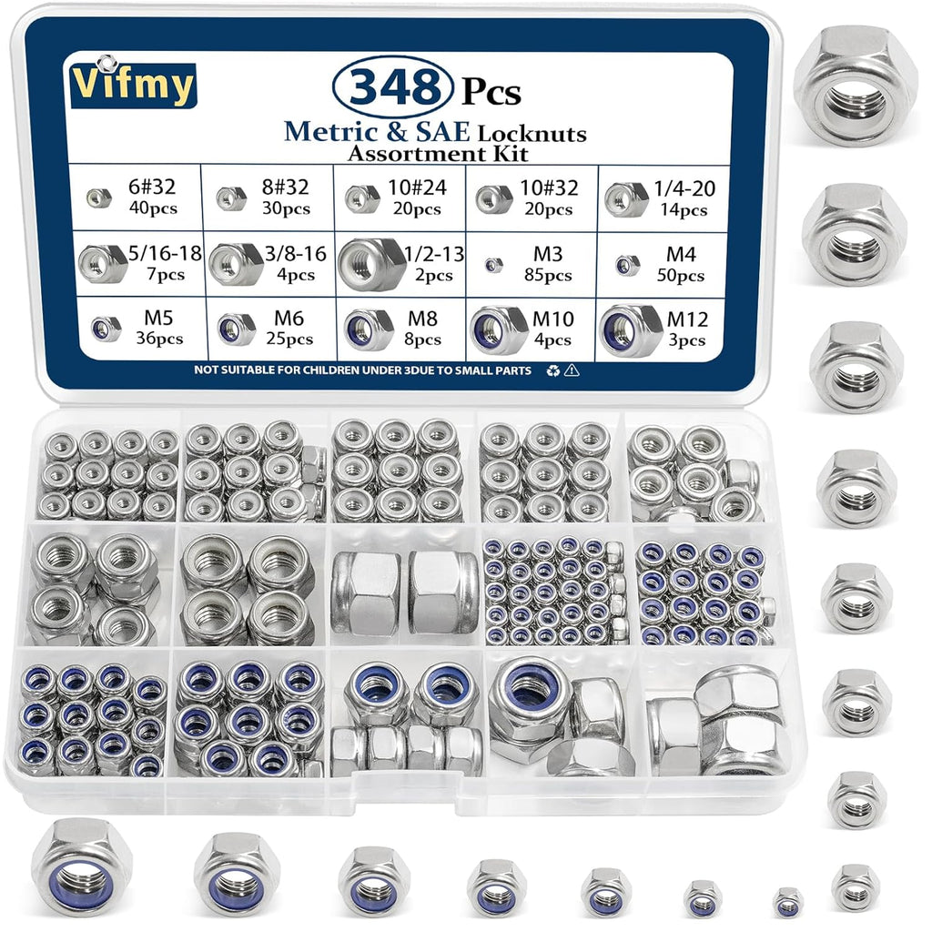 SAE & Metric Nylon Lock Nut Assortment Kit 348Pcs Stainless Steel