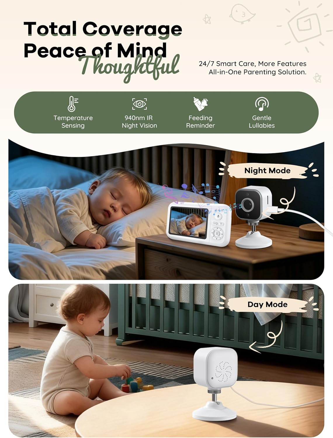 Baby Monitor with Camera and Audio, No WiFi, with Clip for Crib & Stand | Portable 3.5" HD IPS Video Screen, 2.4G