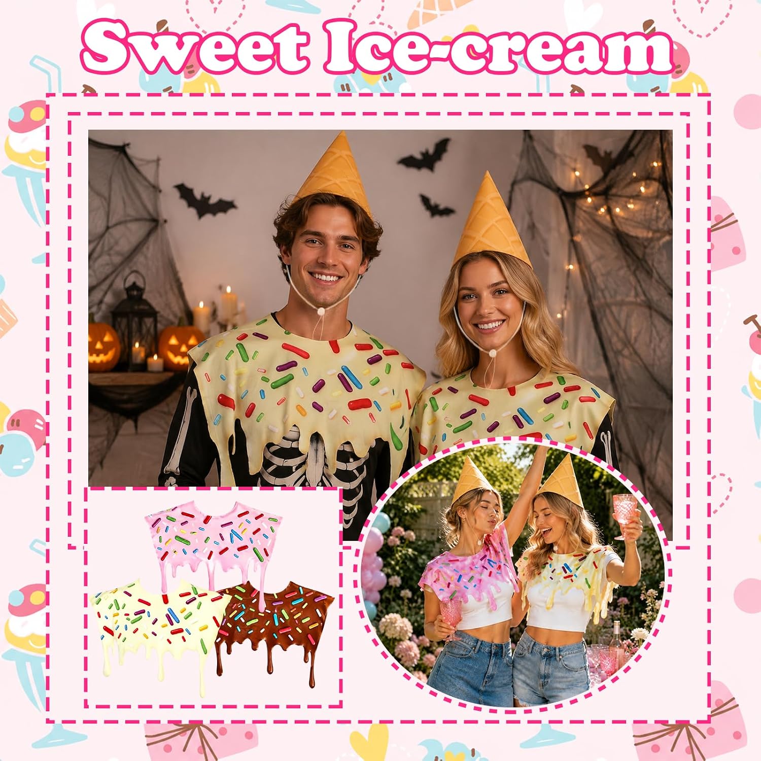3 SETS Ice Cream Cone Costume Set for Adult | Including Ice Cream Capes and Hats, Funny Food Theme Dress Up for