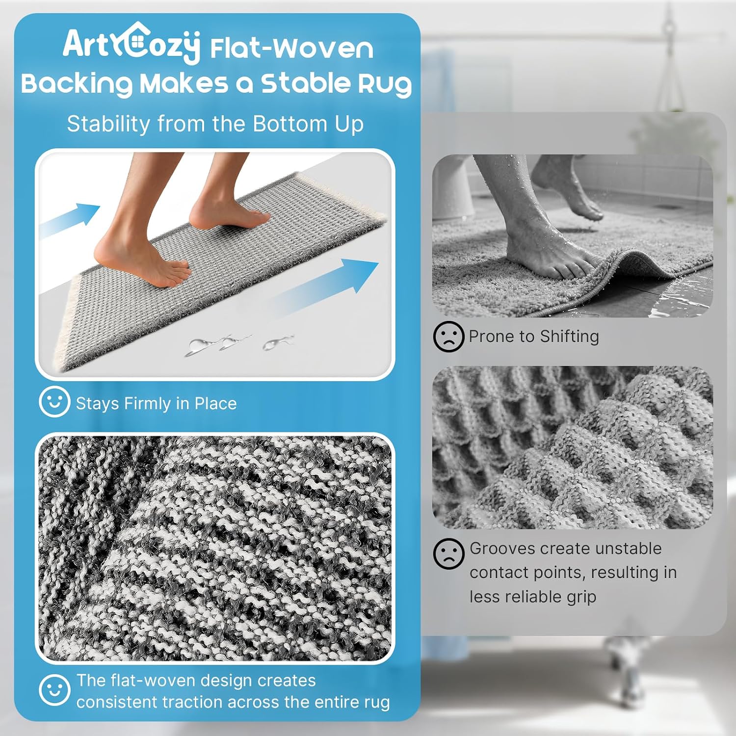 Waffle Bath Mat Super Absorbent, 18"×30" & 18"×30", Grey & White | Soft Non-Slip Boho Bath Rugs with Flat-woven Hot