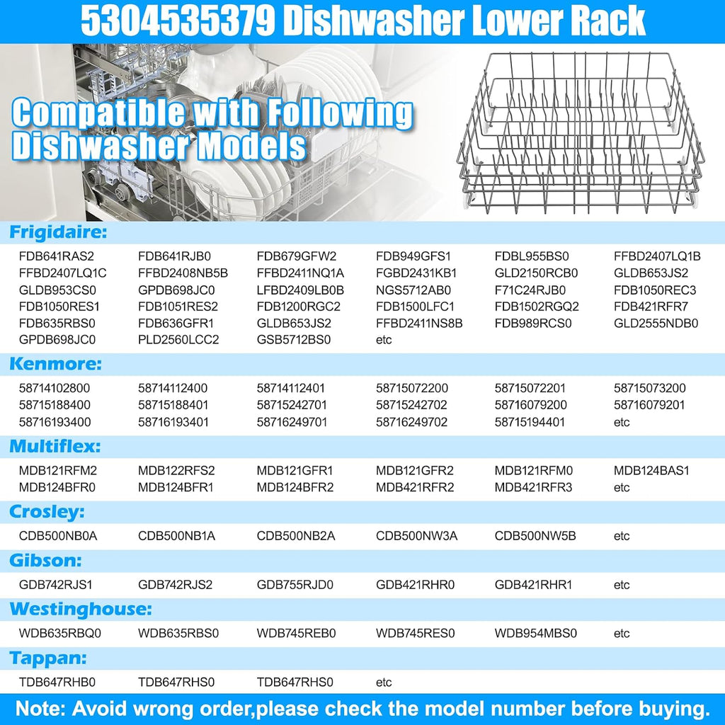 UPGRADE 5304535379 Dishwasher Lower Dishrack Compatible with Frigidaire Dishwasher Rack Replacement Parts,5304535379 154331605 FDB1050RES0 Frigidaire Kenmore Dishwasher Bottom Rack Parts with Wheels