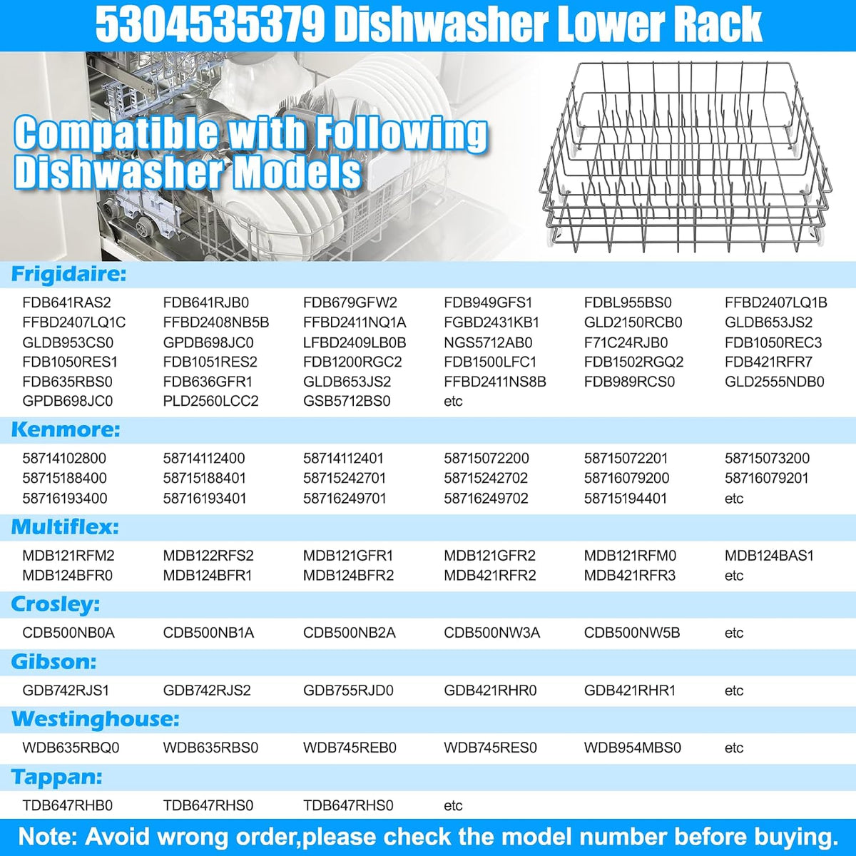 UPGRADE 5304535379 Dishwasher Lower Dishrack Compatible with Frigidaire Dishwasher Rack Replacement Parts,5304535379 154331605 FDB1050RES0 Frigidaire Kenmore Dishwasher Bottom Rack Parts with Wheels
