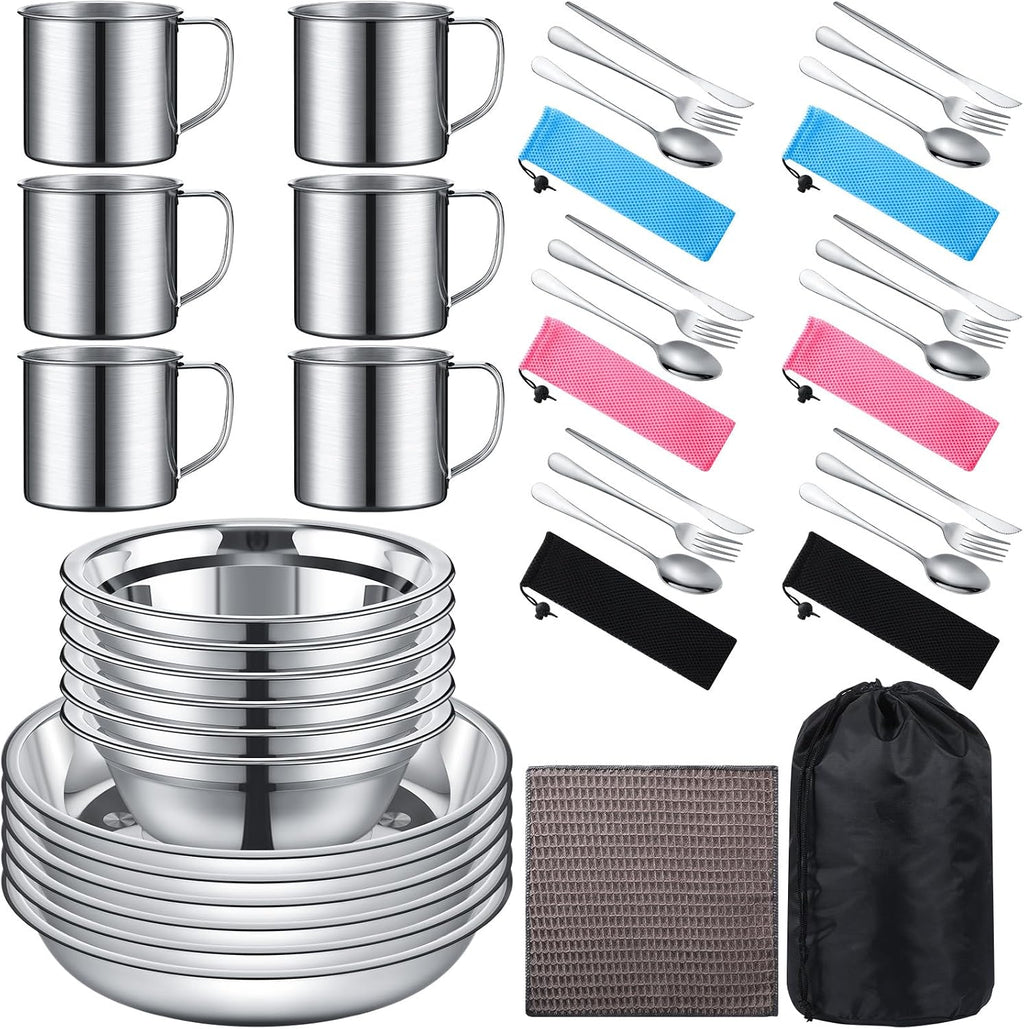 Outdoor Camping Cookware Mess Kit Polished Stainless Steel Dishes Camping Utensils Portable Tableware with Plates