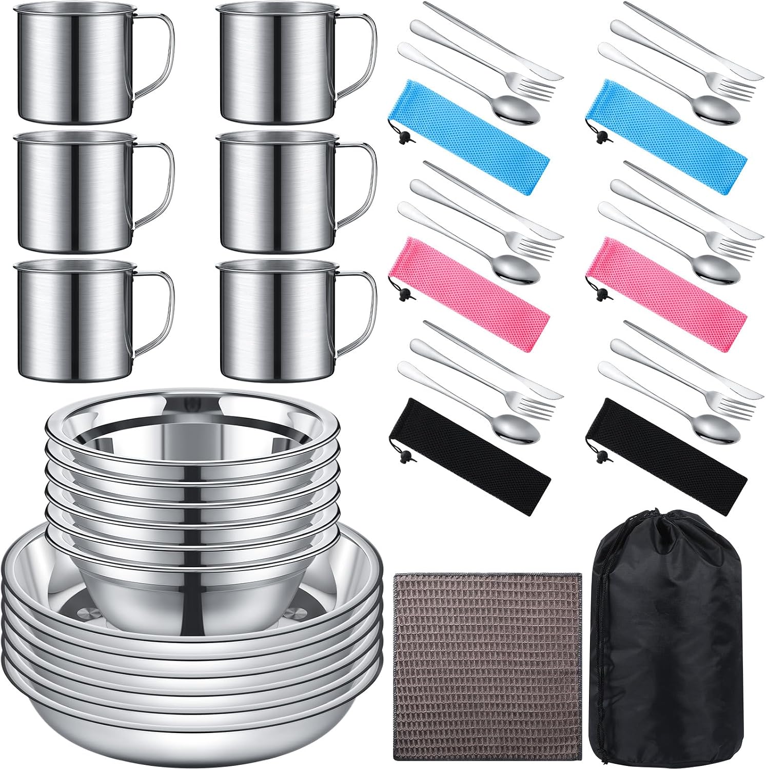 Outdoor Camping Cookware Mess Kit Polished Stainless Steel Dishes Camping Utensils Portable Tableware with Plates