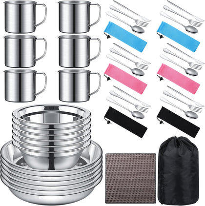 Outdoor Camping Cookware Mess Kit Polished Stainless Steel Dishes Camping Utensils Portable Tableware with Plates