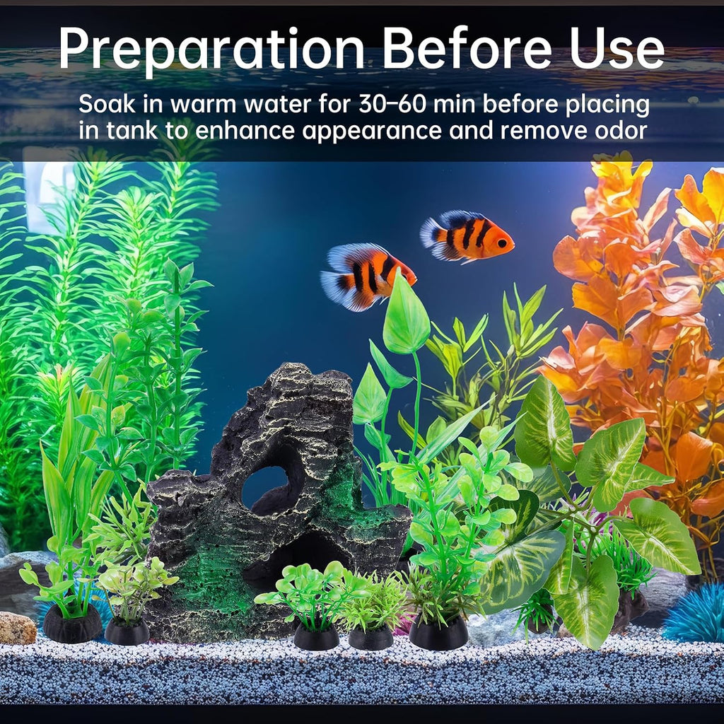 9PC Artificial Aquarium Plants Fish Tank Decor Betta Driftwood Green | Weighted Base With Rock Mountain, Non-Fading