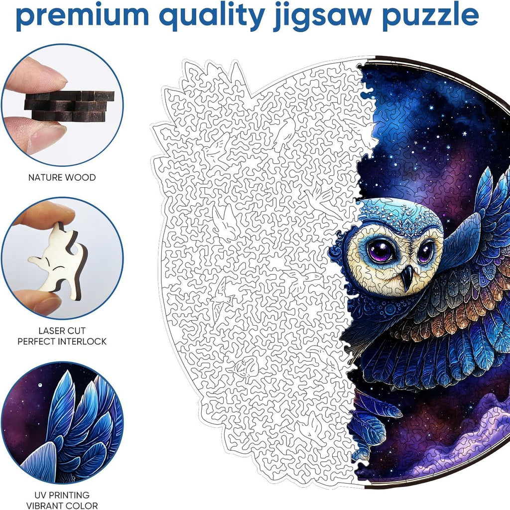 Wooden Jigsaw Puzzles for Adults - Unique Shape Starry Night Owl Puzzle, Irregular Fantasy Animal Pieces, High