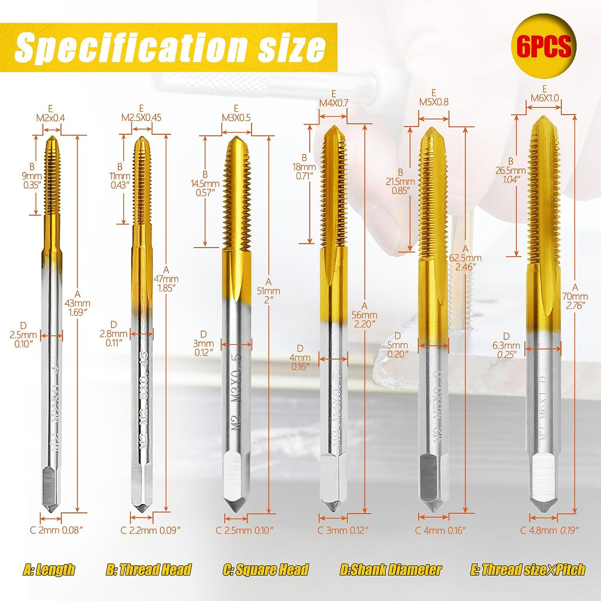 6Pcs Metric Tap Set with Tap Wrench for Metal, M2 HSS Thread Tap M2 to M6