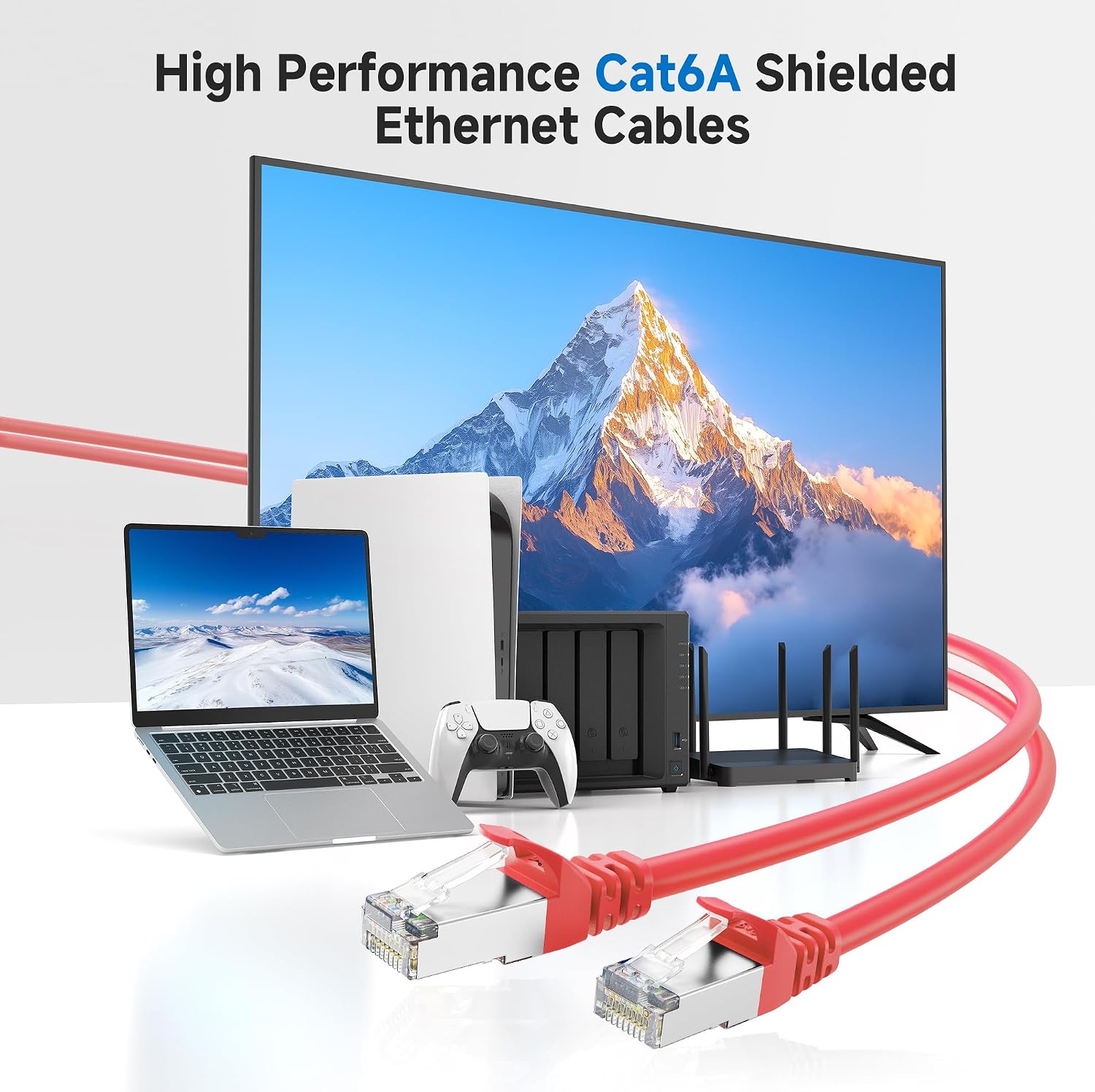 10Gbps Snagless Shielded Cat 6A Ethernet Cable, 50ft, Red | S/FTP Shielded, 26 AWG Bare Copper, 550MHz Bandwidth