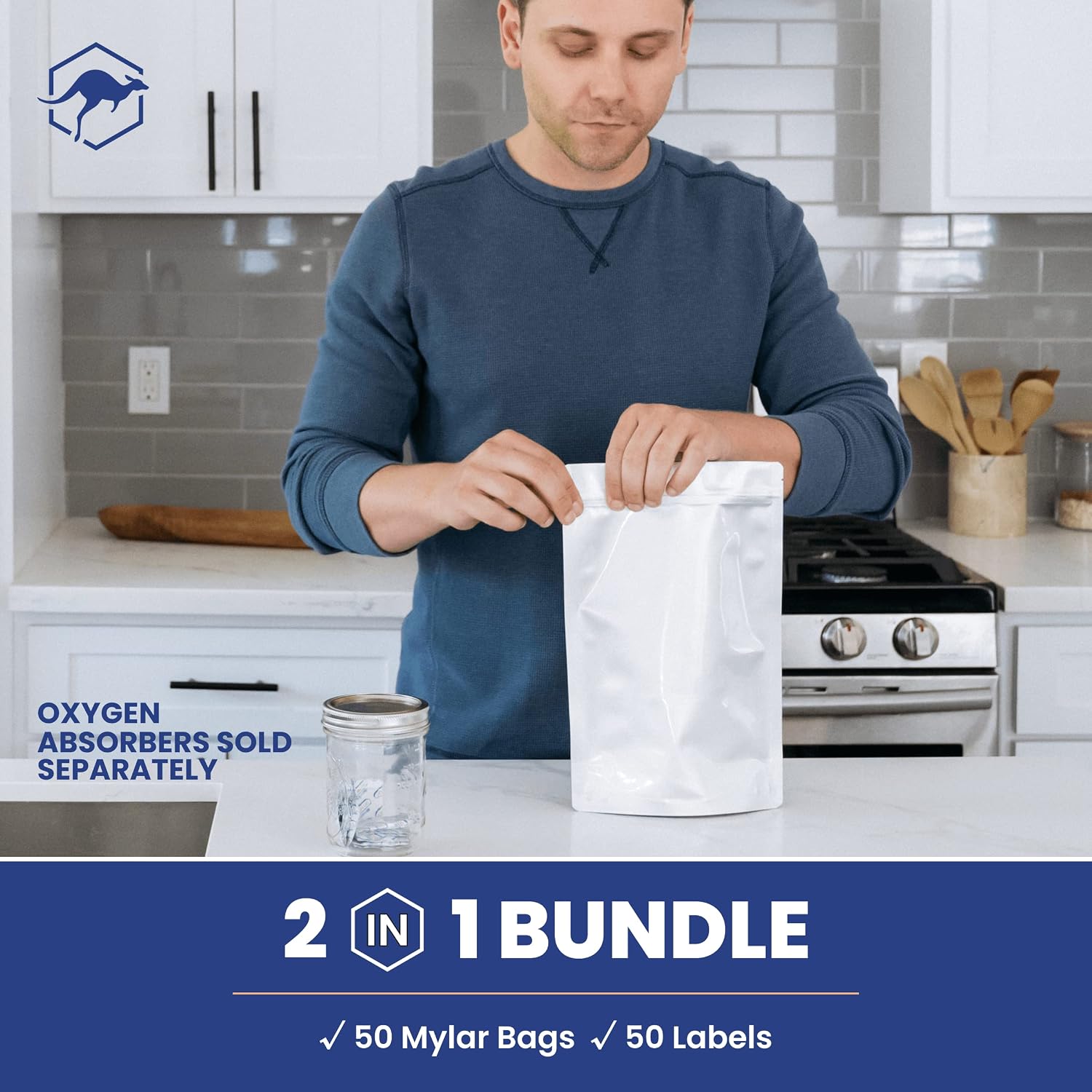 50 Count 1-Quart Gusset Mylar Bags with Labels, 12 Mil Total Thickness Long-Term Food Storage Pouches, 10x7 Stand-Up