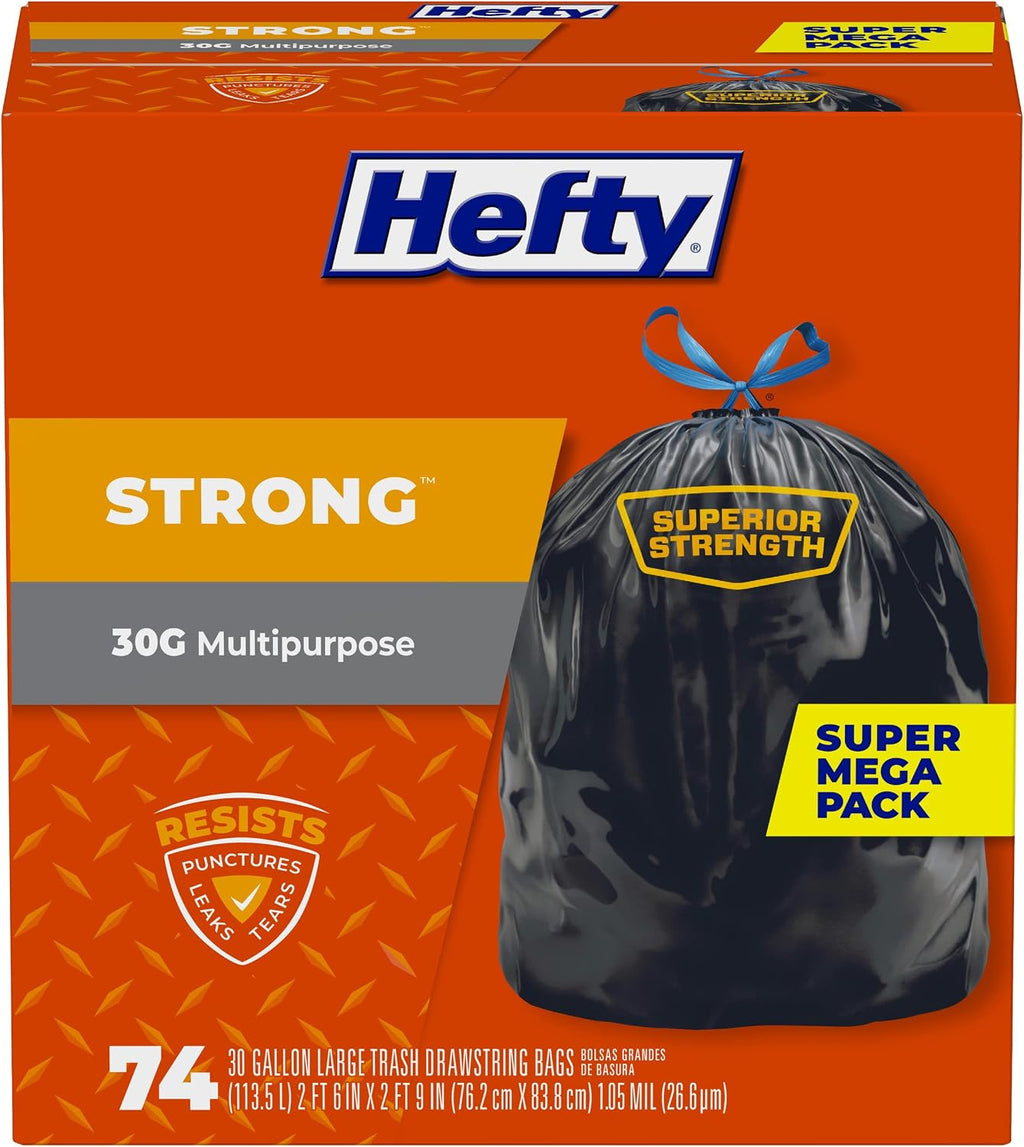 Strong 30 Gallon Trash Bags with Drawstrings, Black, Unscented, 74ct