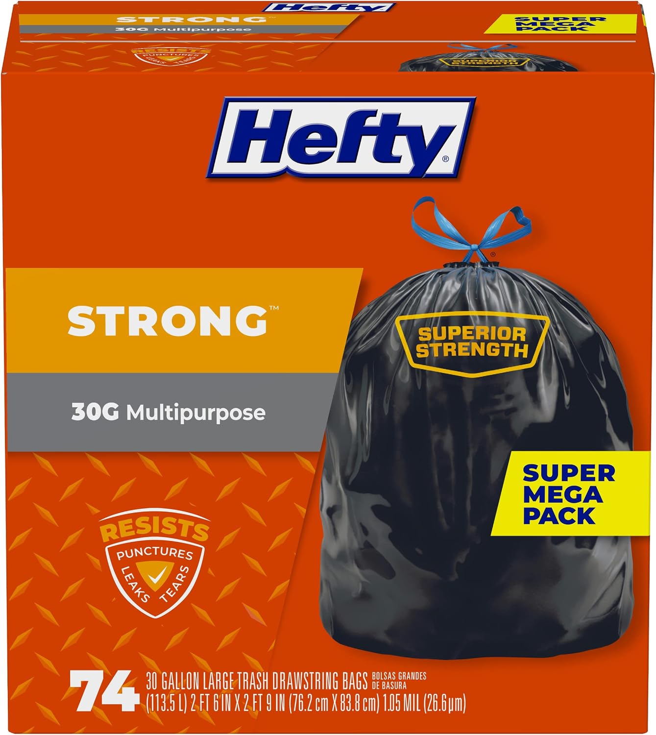 Strong 30 Gallon Trash Bags with Drawstrings, Black, Unscented, 74ct
