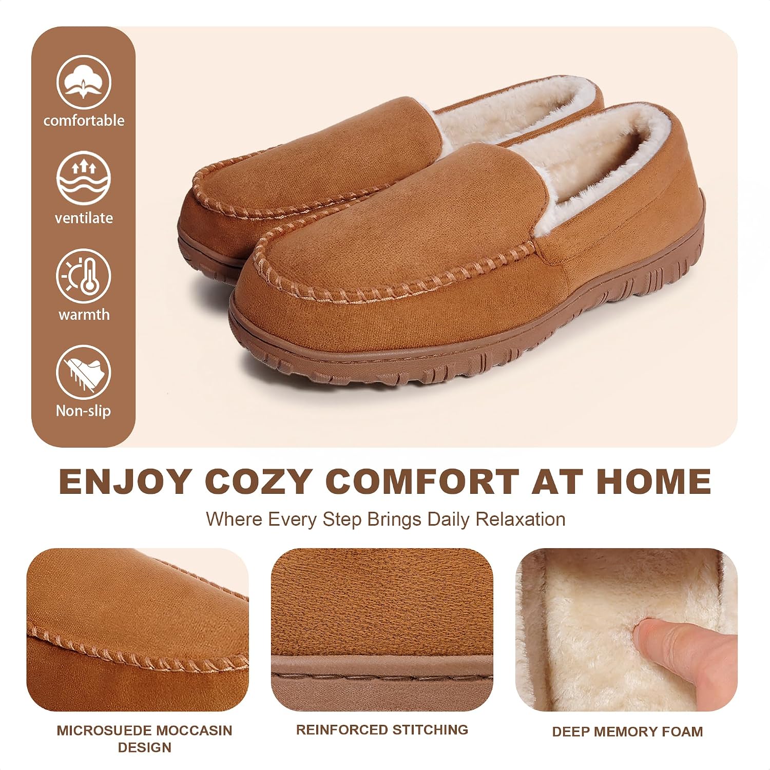 Men's Slippers Indoor Outdoor Warm Soft Plush Memory Foam House Slippers for Men Comfortable Bedroom Moccasin Slipper