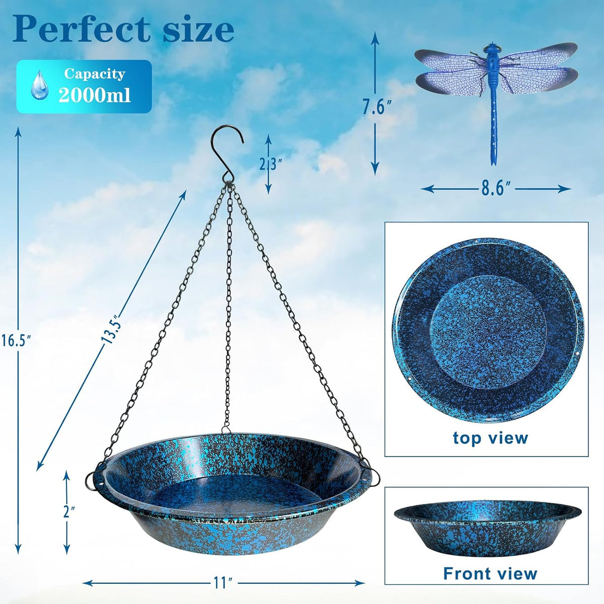 11.4" Hanging Bird Bath & Feeder Blueblack Metal Garden Decor