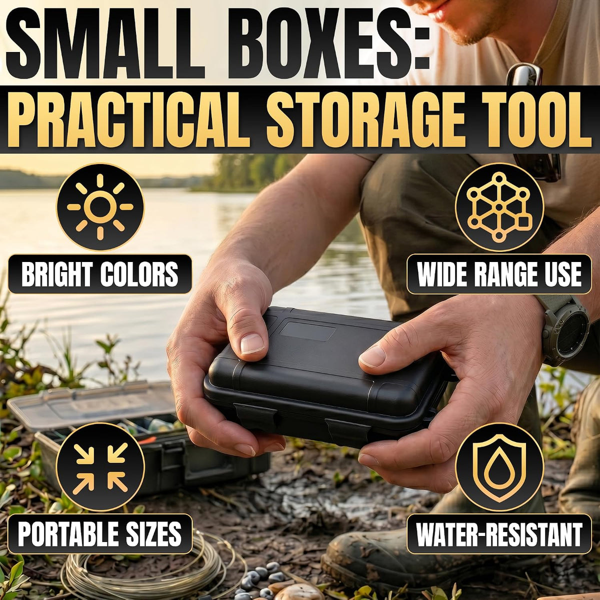 Small Waterproof Box, 2 Pcs, 4.92x2.95x1.53", Foam Insert (Black/Orange)
