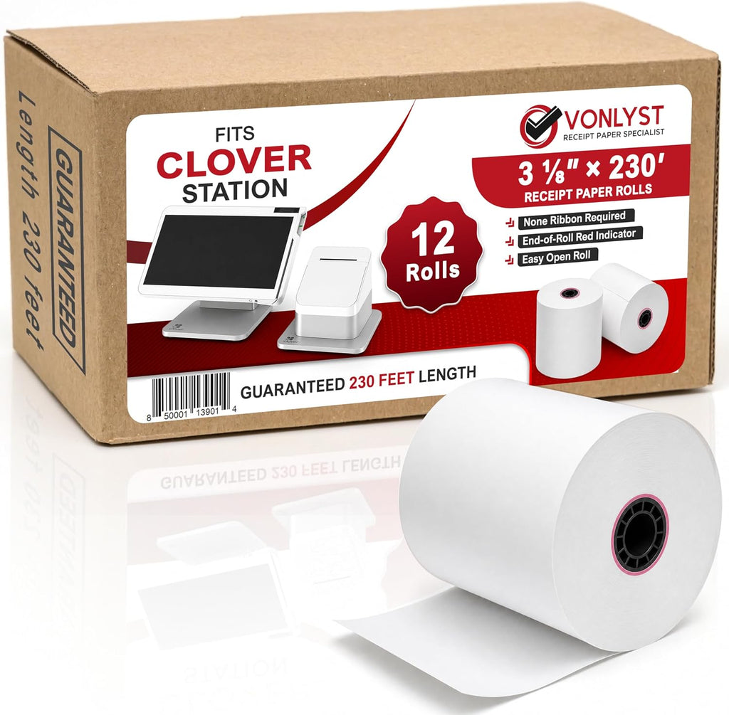 Clover Station Receipt Paper Rolls 3 1/8" x 230' (12 Pack) – Thermal Paper for Clover Station & Duo C505, Compatible