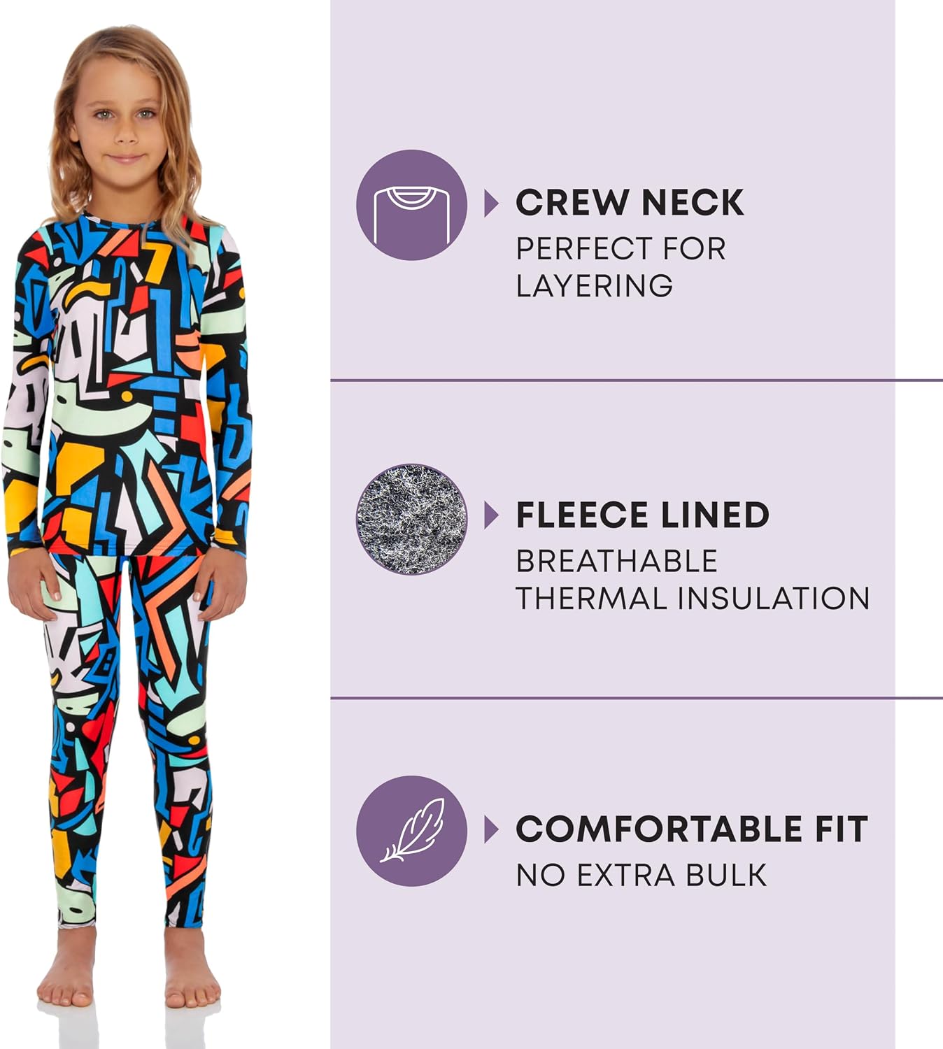 Thermal Underwear for Kids, Girls Thermals Long Johns Underwear, Base Layer for Cold weather/skiing, Geometric