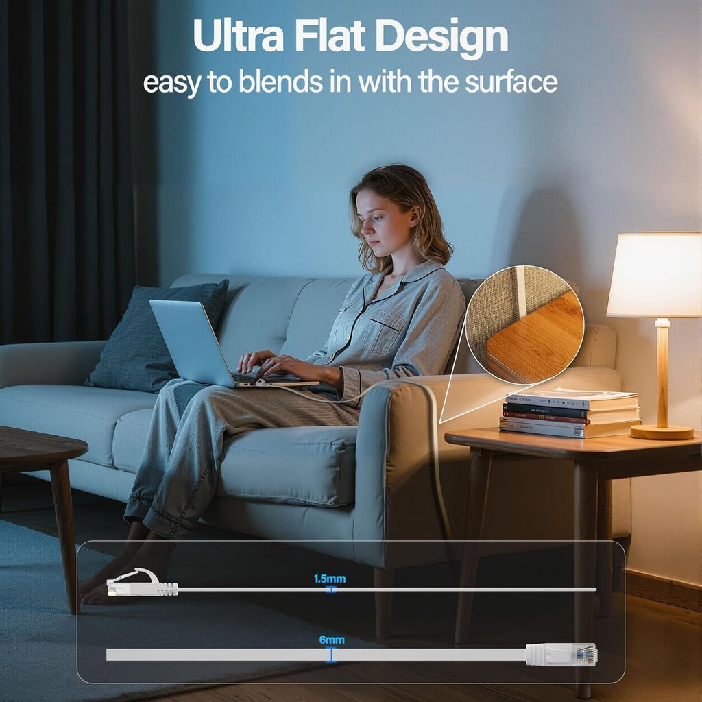 Cat 6 Flat Ethernet Cable 50 FT, UTP 10Gbps High-Speed Cat6 Ethernet Cable, Pure Copper Cat 6 Cable, Long Ethernet