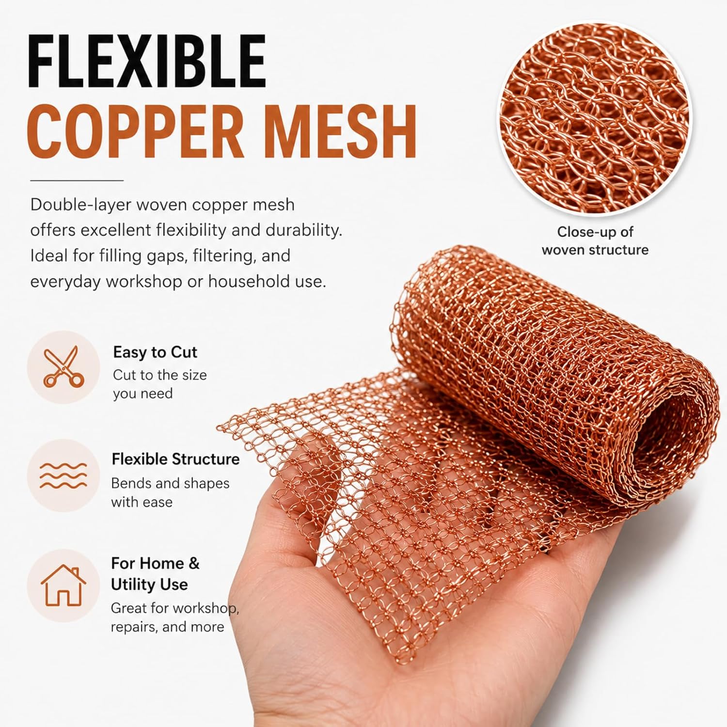 Copper Mesh Roll, 100% Pure Copper Wire Mesh Gap Filler, 3.8" x 40" Bendable Hole Filler for Gardens, House Cracks