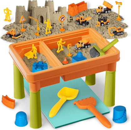 Sensory Table with Sensory Sand, Indoor Sensory Bin with Lid & 2.6lbs Play Sand, Construction Kit with 6 Alloy Trucks